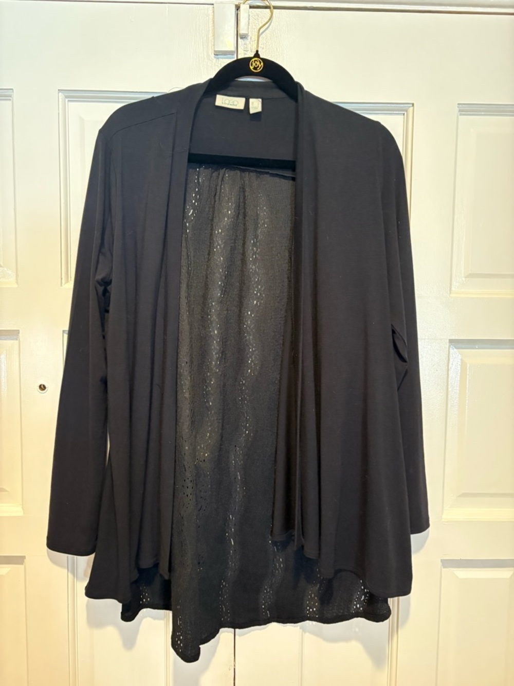 Logo open front cardigan never worn with eyelet in back